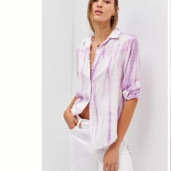 Anthropologie x Cloth & Stone Purple Tie Dyed Frayed Button Down Shirt Small - Picture 2 of 12